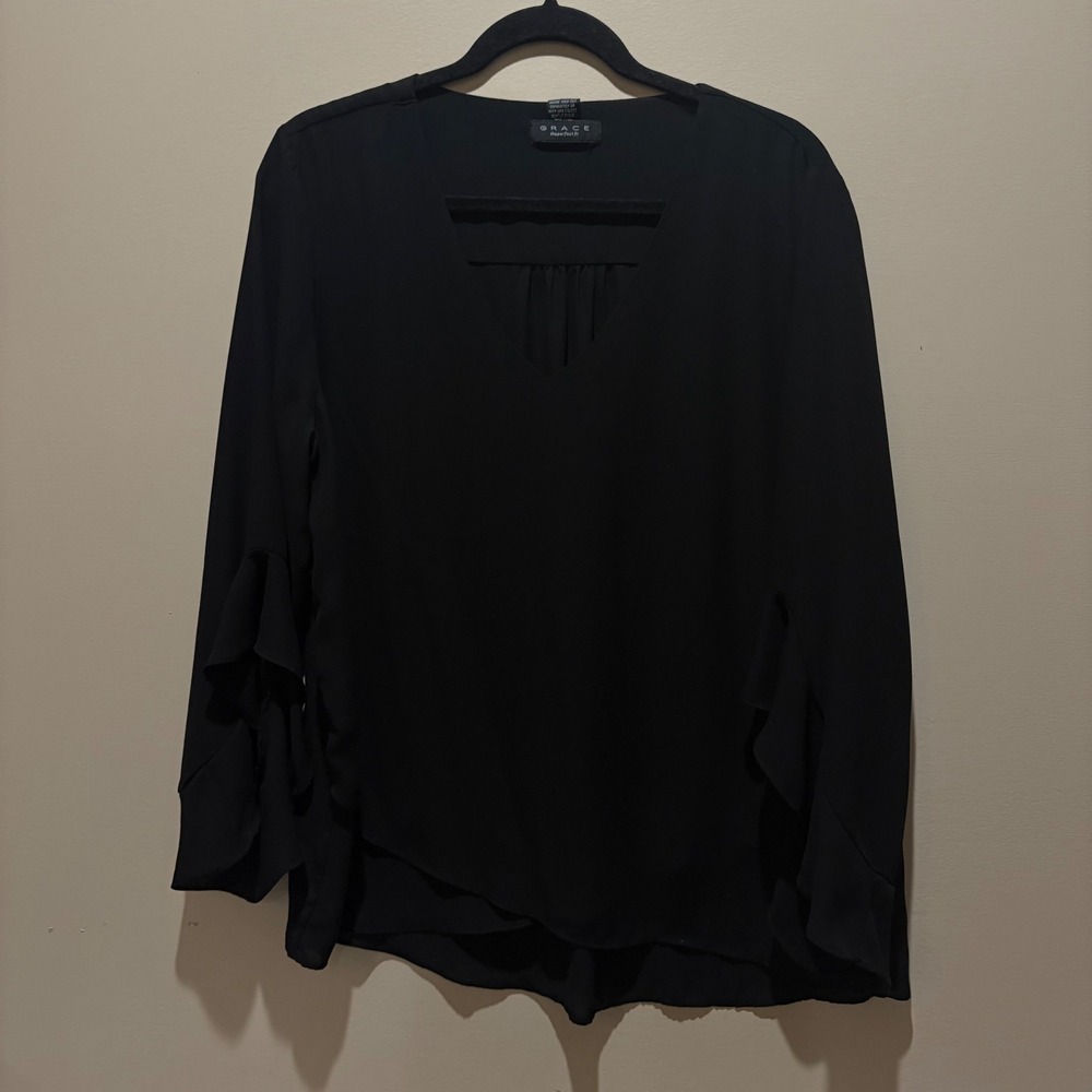 Grace the perfect fit Womens Black Ruffle Sleeve Tiered Layered Blouse‎ Top XL